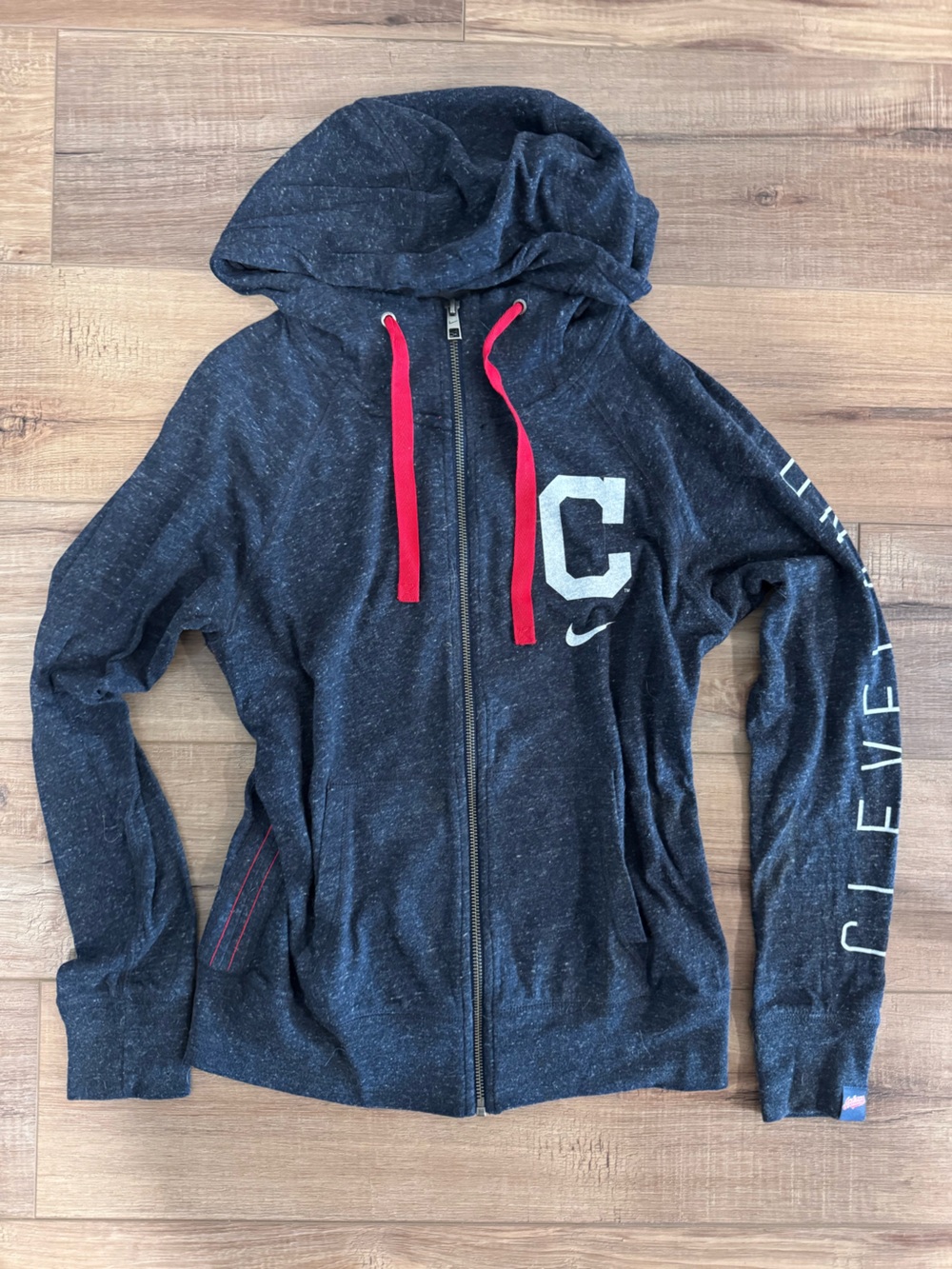 Nike Cleveland Indians Navy Zip-Up Hoodie with Red Drawstrings and White 'C'